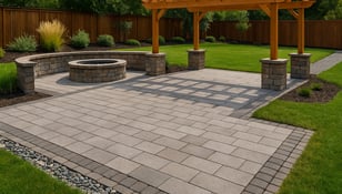 a patio with a pergolized patio area