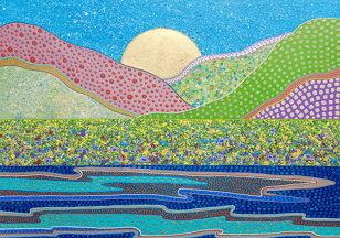 a painting of a mountain scene with a river and mountains