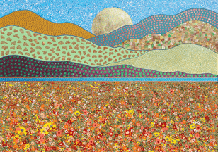 a painting of a landscape with a mountain in the background