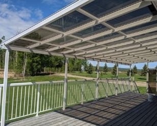 Patio Cover with railing and tinted, see-through panels.