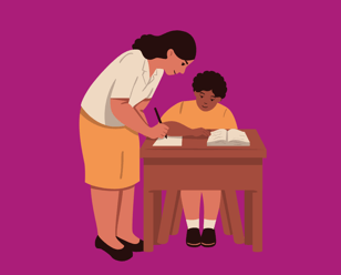 teacher helping a child in correcting child mistake