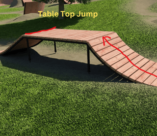 Dirt tabletop jump with flat top and smooth takeoff and landing