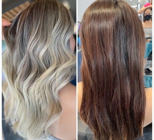 a woman's hair is shown before and after her hair is done