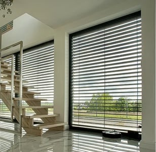 a staircase casement with blinds and blinds