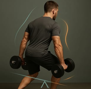hombre cargando mancuernas con desequilibrio postural, destacando hombro caído y pierna adelantada