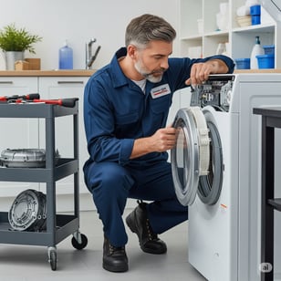a man in a blue jumpsuit is fixing a washing machine