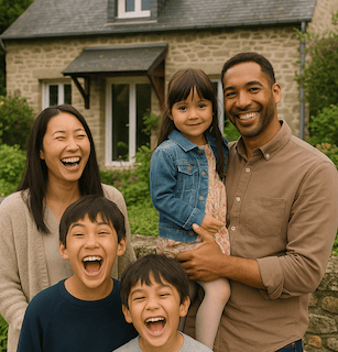 A mixed family, with their sons and daughter in front of their french house