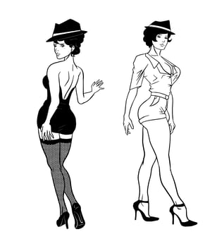 Line art drawing, female figures, elegant style, fashion illustration, black and white
