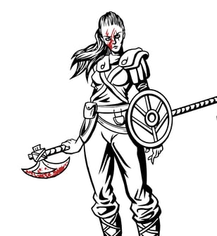 Black and white illustration, female warrior, Viking shield maiden, axe, battle ready
