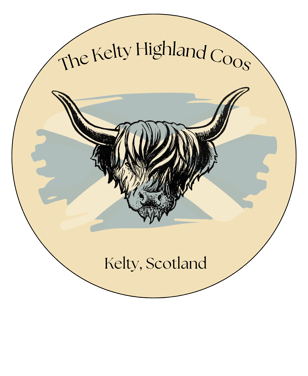 Round circle with an image of a highland cow with the background of a scottish flag