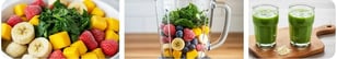 The image shows a smoothie made with fruits and spinach, blended into a healthy, vibrant drink.