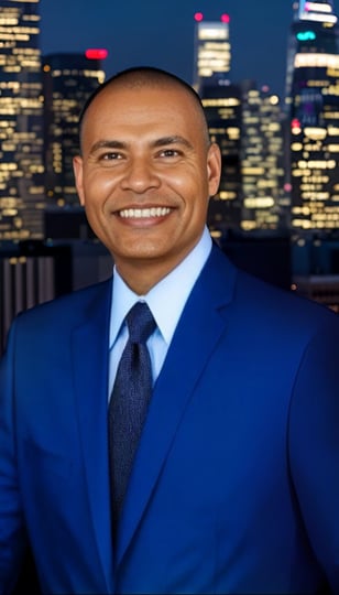 a man in a blue suit and tie smiling