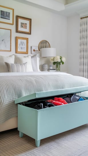 pastel blue storage bench at the end of a bed