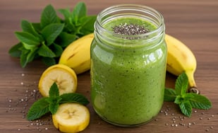 Green smoothie with chia seeds, bananas, and mint on a wooden surface.