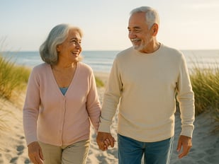 Pareja de adultos mayores caminando por la playa, retiro y planificación financiera Infoseguros LLC