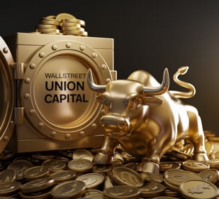 a gold bull statue with a wall street union sign in the background