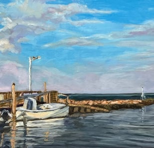 oil painting rock harbor scenery of ocean and small boat