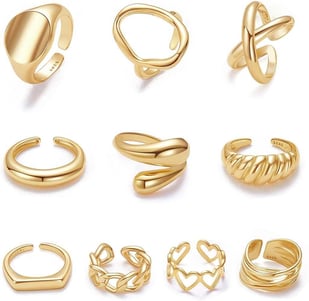 10PCS Gold Dome Chunky Rings for Women 18K Gold Plated Braided Twisted Round Signet Rings Adjustable
