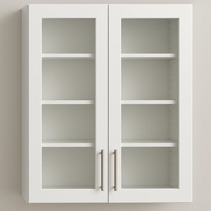 a clear glass insert option white cabinet with two open shelves and a door