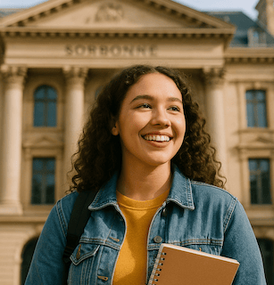 a woman in a denim jacket and jeans jacket holding a notebook in front of the sorbonne in paris