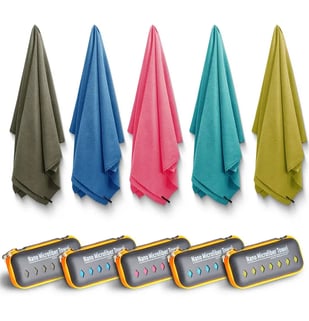 a group of four different colored towels and a remote control system