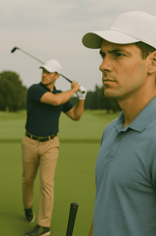Golfer watches another's long drive, looking inspired, showing group play's motivational rivalry