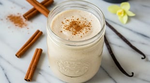 A creamy cinnamon smoothie in a mason jar, surrounded by cinnamon sticks and vanilla pods.