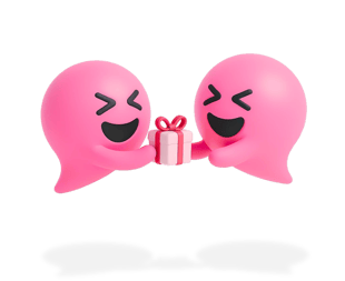 Two happy Blabit bubbles with closed smiling eyes sharing a wrapped gift box between them