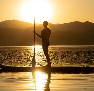 a person standing on sup board at sunset