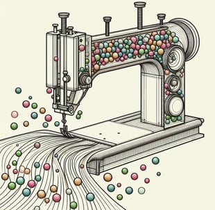 Gumballs coming out of a. sewing machine