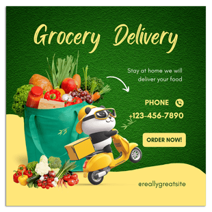 a panda bear is sitting on a green background with a grocery bagel bag