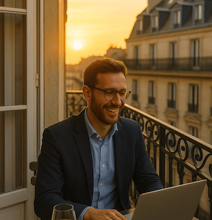 A man typing on his laptop on his apartment terrace in Paris while the sun is setting. He seems happ