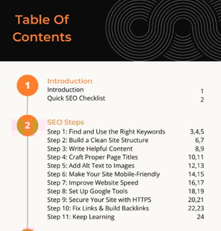a snippet of the table of contents, in the beginners guide to seo.