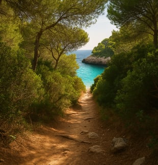 Sendero entre pinos mediterráneos en Mallorca, conduciendo a una cala secreta con agua turquesa visible al final del camino