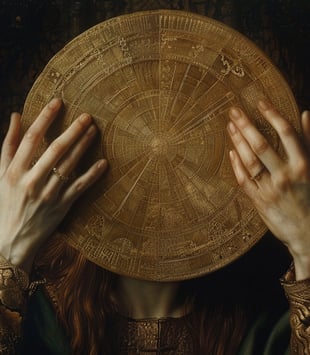 Digital painting of a bronze disc held by a woman's two hands.