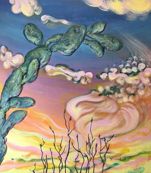 Acrylic and mixed media painting of a cactus at sunset by Julie Carlisle