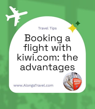 A custom round sign on green background that says 'Booking a flight with kiwi.com: the advantages'