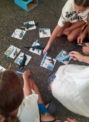 des enfants qui jouent avec des figurines requins et des cazrtes