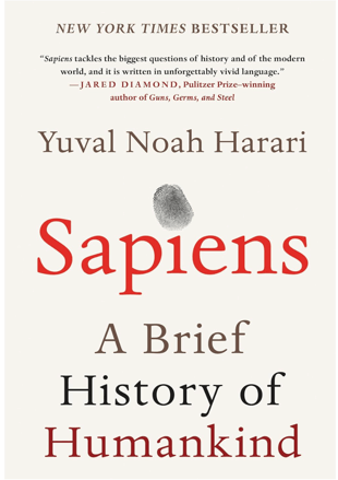 a book cover of sapiens A brief history of human kind by Yuval Noah Harari