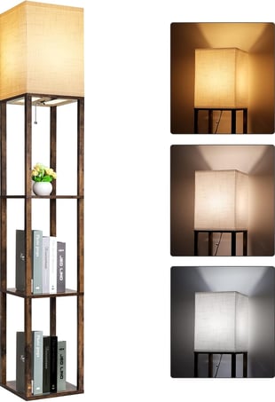 Floor Lamp with Shelves, Modern Shelf Lamp for Display Storage, 3 Color Temperature Wood Stand