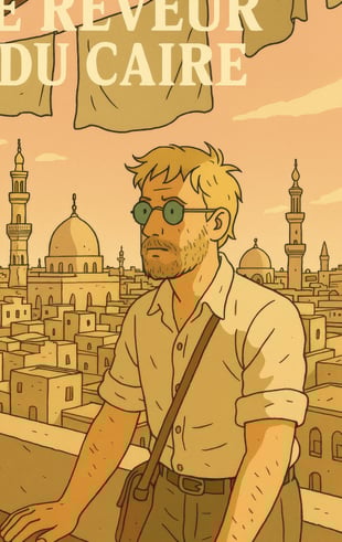 Cover of the graphic novel The Dreamer of Cairo: a bearded man in a shirt gazes at Cairo from a balc