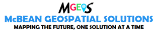 A combination mark with logo for MGeoS: McBean Geospatial Solutions. Motto: Mapping the Future, One Solutions at a Time.