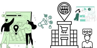 A digital map, storefront icon with a location pin, analytics dashboard, and marketing symbols representing local seo