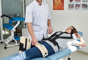 orthopedic physiotherapy treatment with patient on traction bed for spine and joint pain relief.