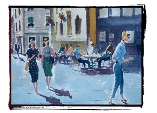watercolor womans walking down a street