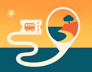Poster minimalista di Mallorca Unlocked con strada bianca che diventa biglietto bus, diretta verso una caletta stilizzata