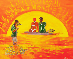 Capa do EP preso em um pôr do sol, uma arte de cores vibrantes que recria cenas do clipe