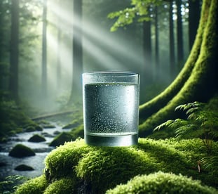 Vaso de agua pura y elegante sobre una roca con musgo en un bosque verde, representando una marca so