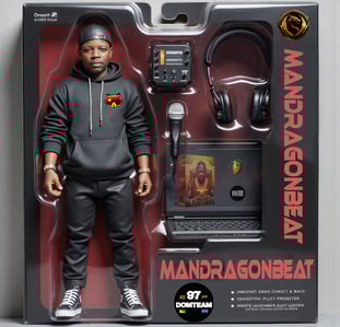 boîte d'une figurine de mandragonbeat avec ses accessoire, micro, casque, ordinateur et carte son.