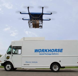 Drone delivering a package and a traditional delivery truck.